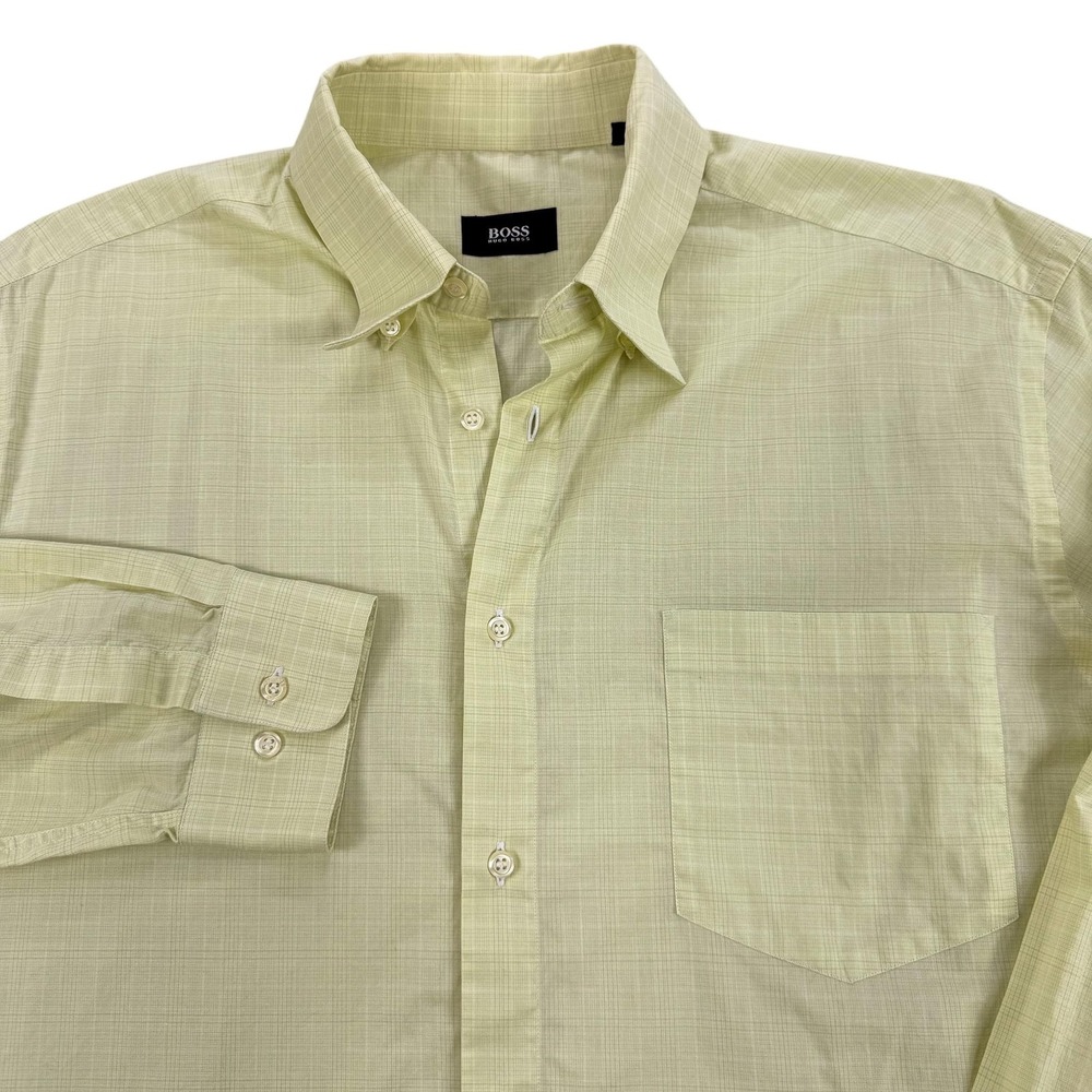 BOSS Hugo Boss Shirt Mens 16.5 34/35 Yellow Check Classic Fit Dress Cotton